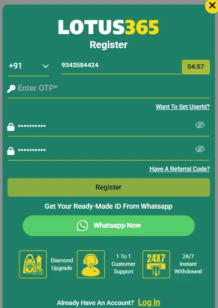 Lotus365 OTP verification screen during registration